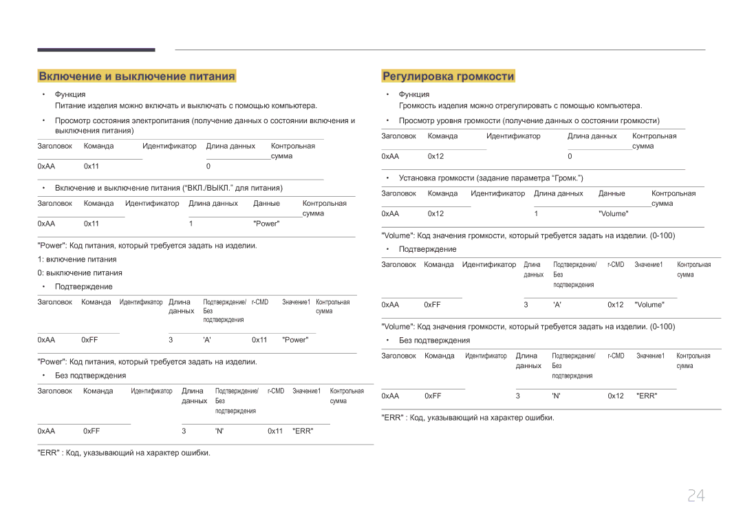 Samsung SBB-SS08EL1/EN Включение и выключение питания, Регулировка громкости, ERR Код, указывающий на характер ошибки 