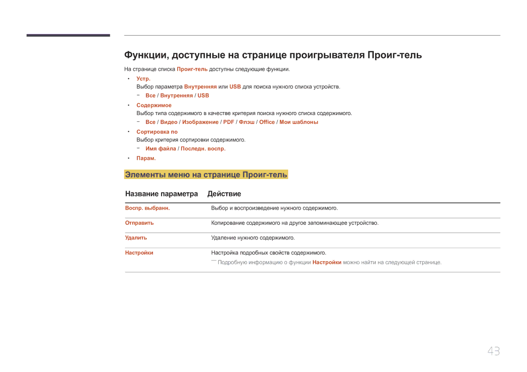 Samsung SBB-SS08EL1/EN manual Функции, доступные на странице проигрывателя Проиг-тель, Элементы меню на странице Проиг-тель 