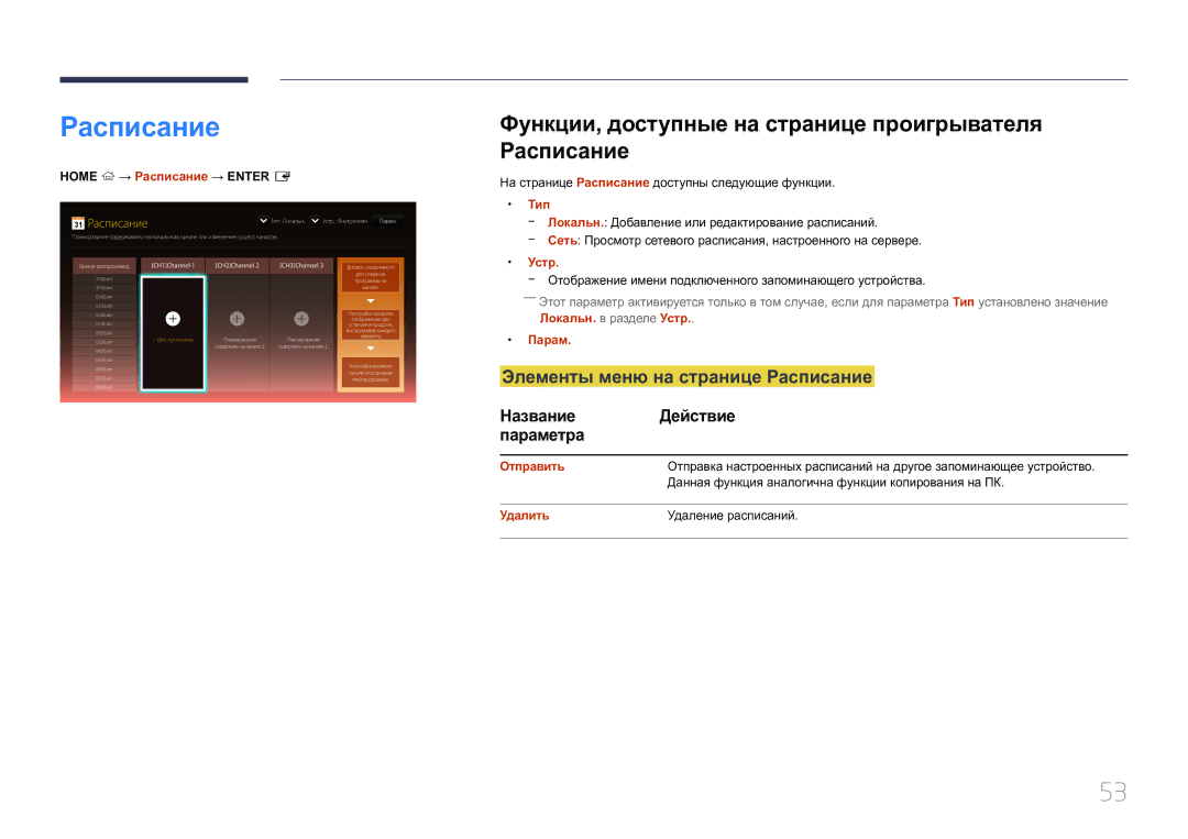 Samsung SBB-SS08EL1/EN Функции, доступные на странице проигрывателя Расписание, Элементы меню на странице Расписание 