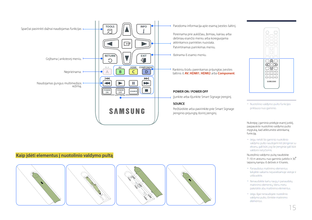 Samsung SBB-SS08EL1/EN Kaip įdėti elementus į nuotolinio valdymo pultą, Sparčiai pasirinkti dažnai naudojamas funkcijas 