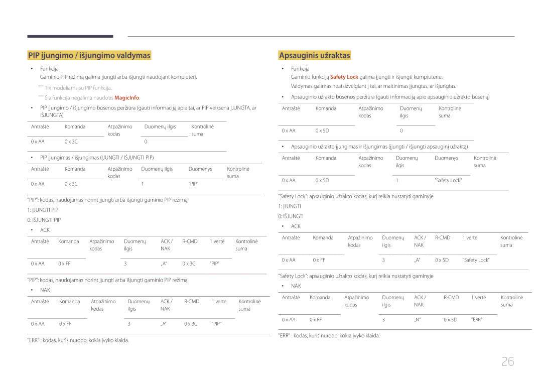 Samsung SBB-SS08EL1/EN manual PIP įjungimo / išjungimo valdymas, Apsauginis užraktas, Funkcija 