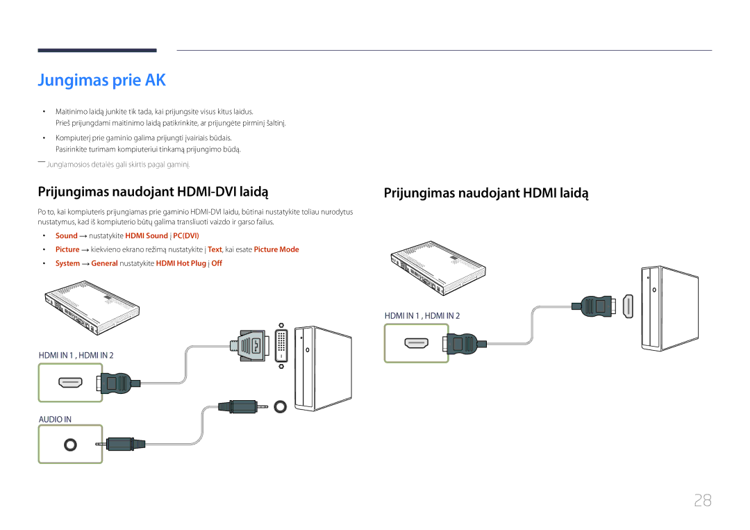 Samsung SBB-SS08EL1/EN Jungimas prie AK, Prijungimas naudojant HDMI-DVI laidą, Sound → nustatykite Hdmi Sound į Pcdvi 