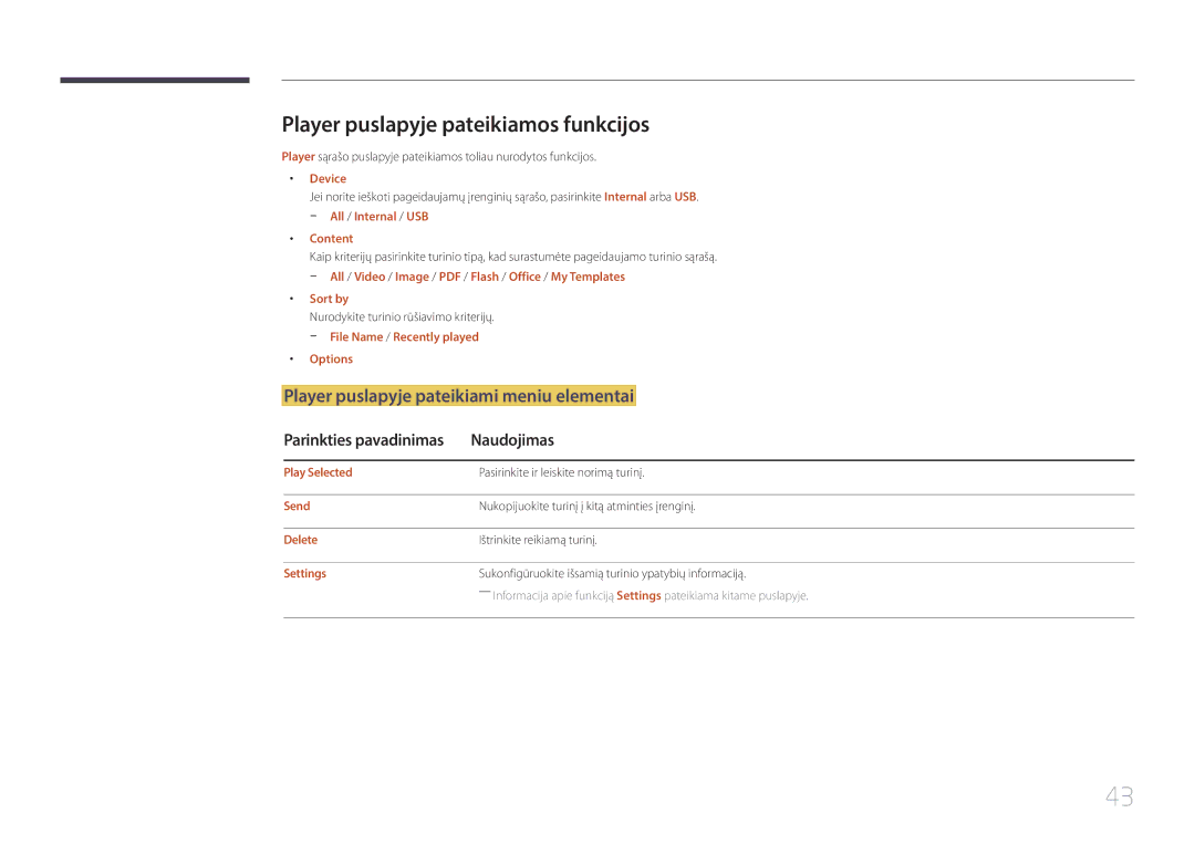 Samsung SBB-SS08EL1/EN Player puslapyje pateikiamos funkcijos, Player puslapyje pateikiami meniu elementai, Naudojimas 