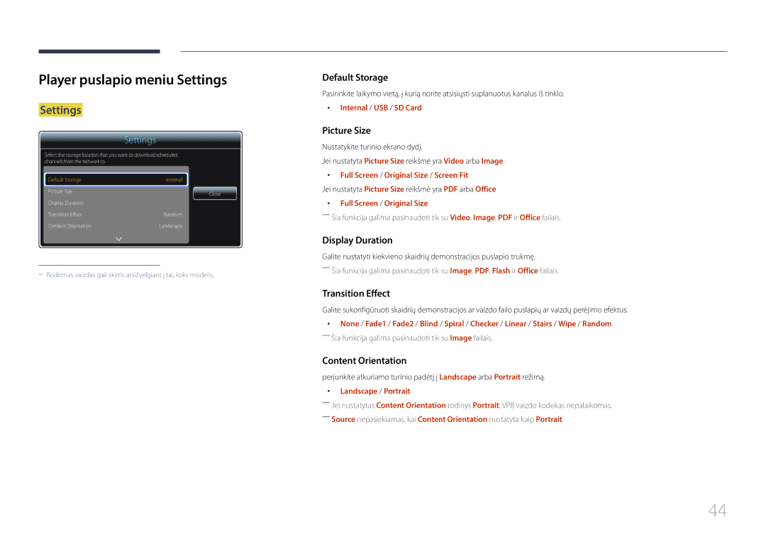 Samsung SBB-SS08EL1/EN Player puslapio meniu Settings, Internal / USB / SD Card, Full Screen / Original Size / Screen Fit 