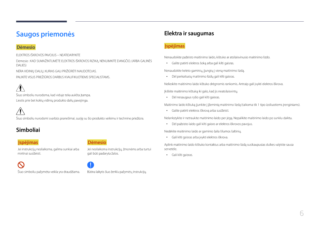 Samsung SBB-SS08EL1/EN manual Saugos priemonės, Simboliai, Elektra ir saugumas, Dėmesio 