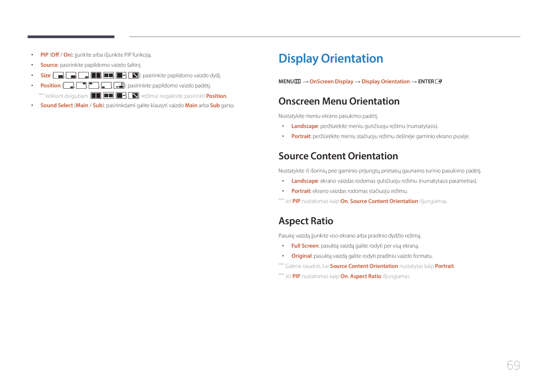 Samsung SBB-SS08EL1/EN manual Display Orientation, Onscreen Menu Orientation, Source Content Orientation, Aspect Ratio 