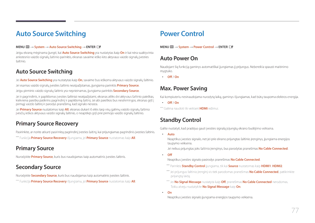 Samsung SBB-SS08EL1/EN manual Auto Source Switching, Power Control 