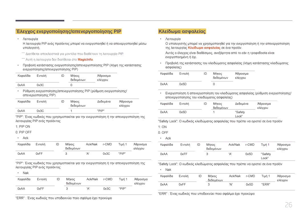 Samsung SBB-SS08EL1/EN manual Έλεγχος ενεργοποίησης/απενεργοποίησης PIP, Κλείδωμα ασφαλείας 