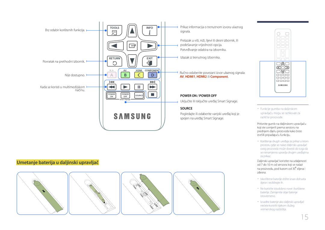 Samsung SBB-SS08EL1/EN Umetanje baterija u daljinski upravljač, Brz odabir korištenih funkcija, Nije dostupno, Načinu 