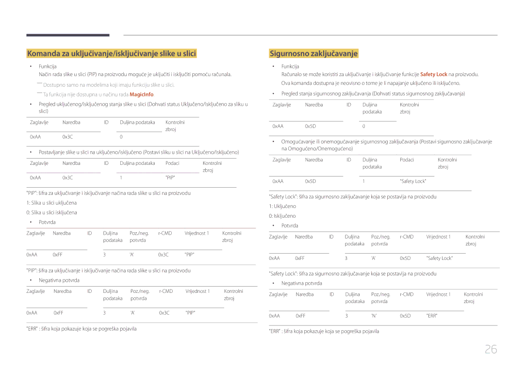 Samsung SBB-SS08EL1/EN manual Komanda za uključivanje/isključivanje slike u slici, Sigurnosno zaključavanje, Funkcija 