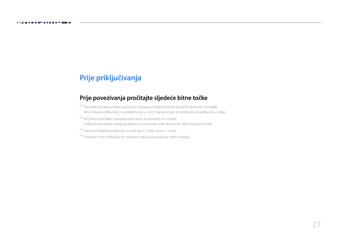 Samsung SBB-SS08EL1/EN manual Priključivanje i korištenje uređaja koji je izvor signala, Prije priključivanja 