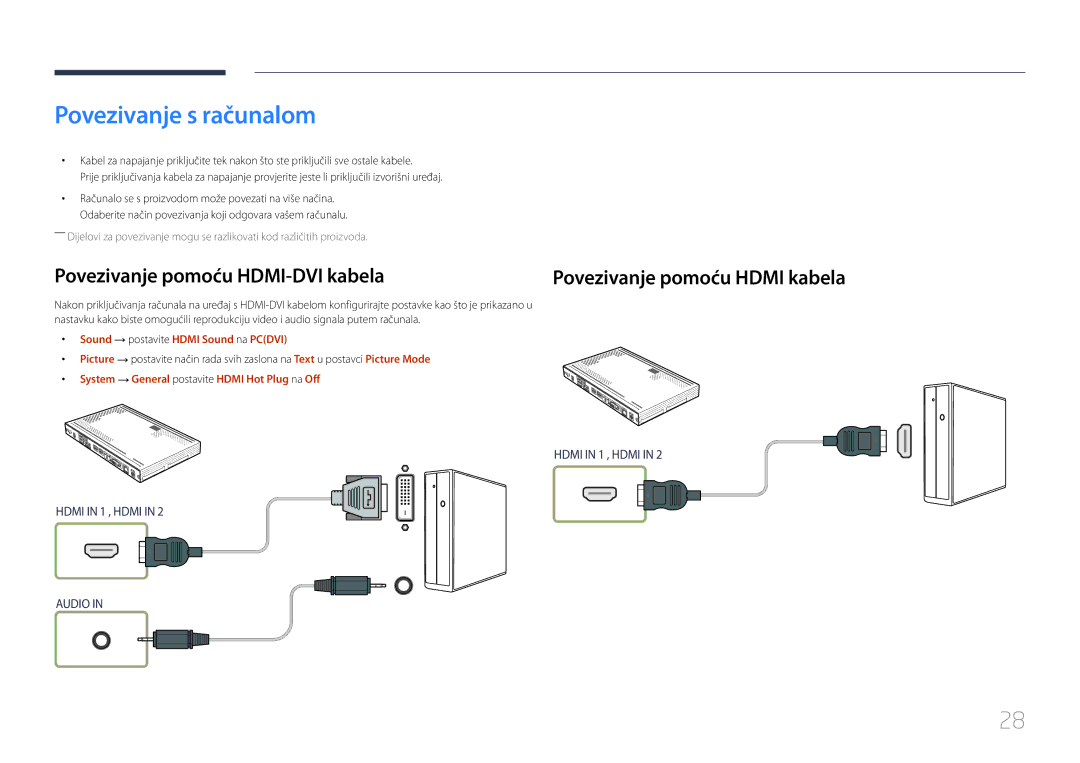 Samsung SBB-SS08EL1/EN Povezivanje s računalom, Povezivanje pomoću HDMI-DVI kabela, Sound → postavite Hdmi Sound na Pcdvi 