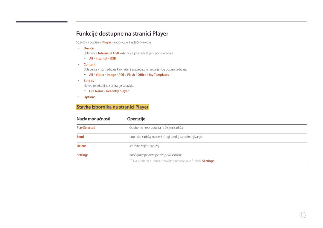 Samsung SBB-SS08EL1/EN manual Funkcije dostupne na stranici Player, Stavke izbornika na stranici Player 
