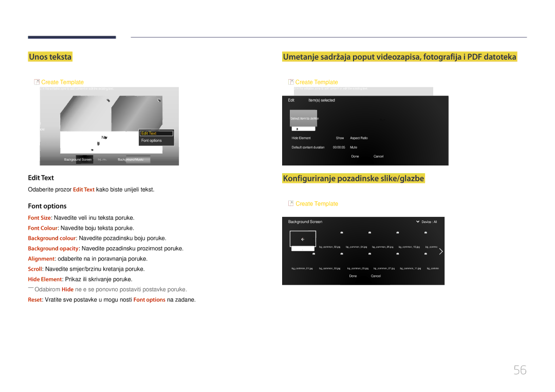 Samsung SBB-SS08EL1/EN manual Unos teksta, Konfiguriranje pozadinske slike/glazbe 