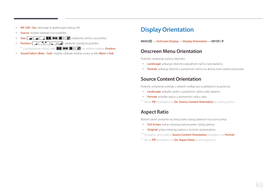 Samsung SBB-SS08EL1/EN manual Display Orientation, Onscreen Menu Orientation, Source Content Orientation, Aspect Ratio 