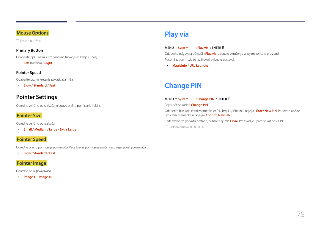 Samsung SBB-SS08EL1/EN manual Play via, Change PIN, Pointer Settings 