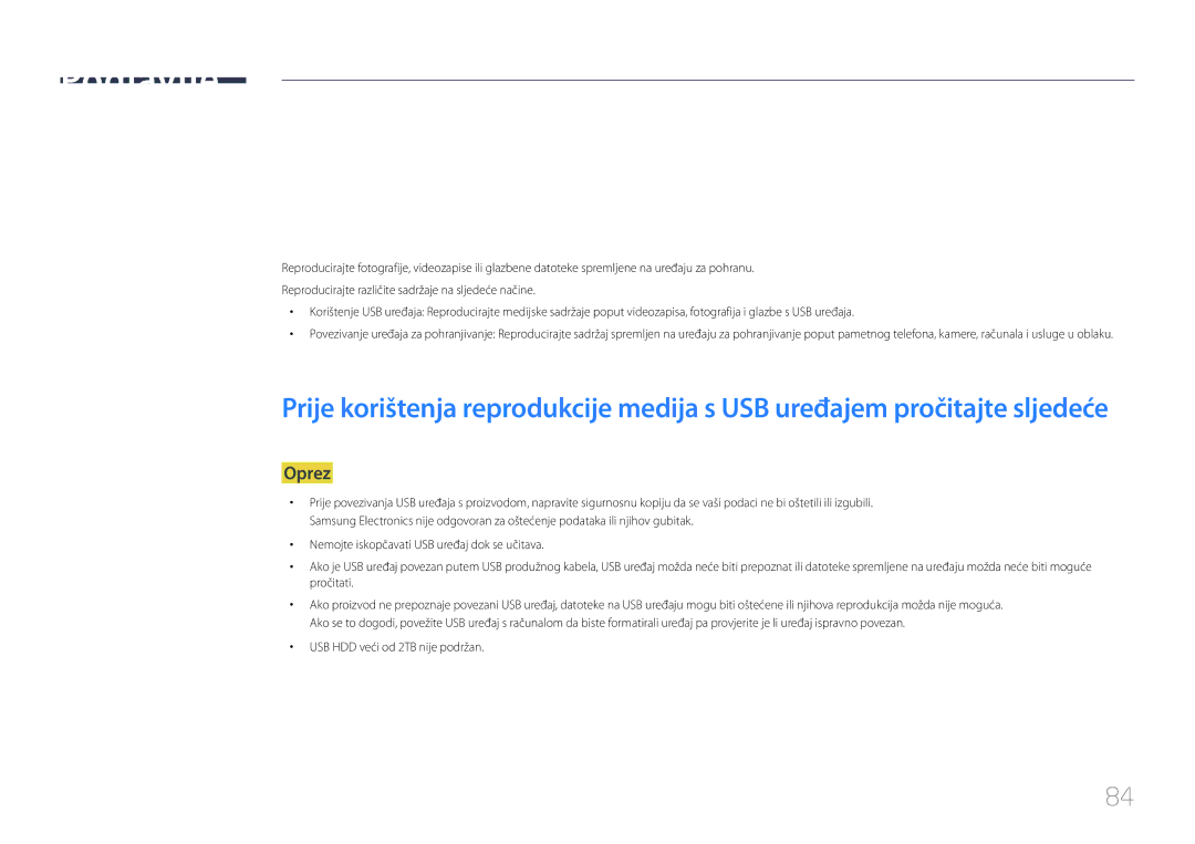Samsung SBB-SS08EL1/EN manual Oprez, USB HDD veći od 2TB nije podržan 