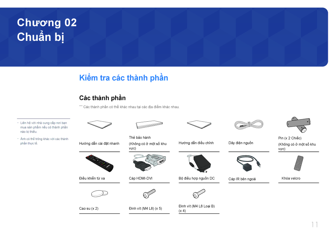 Samsung SBB-SS08EL1/XY manual Chuẩn bị, Kiểm tra các thành phần, Các thành phần 