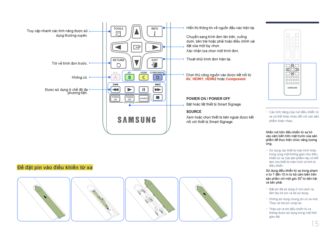 Samsung SBB-SS08EL1/XY manual Để̉ đặ̣t pin và̀o điề̀u khiể̉n từ xa, Dụ̣ng thườ̀ng xuyên, Không có́ 