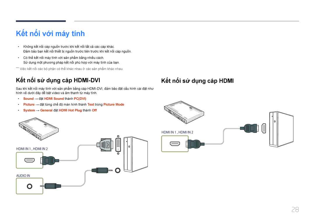 Samsung SBB-SS08EL1/XY manual Kêt nôi vơi máy tính, Kết nối sử dụng cá́p HDMI-DVI, Sound → đặ̣t Hdmi Sound thà̀nh Pcdvi 