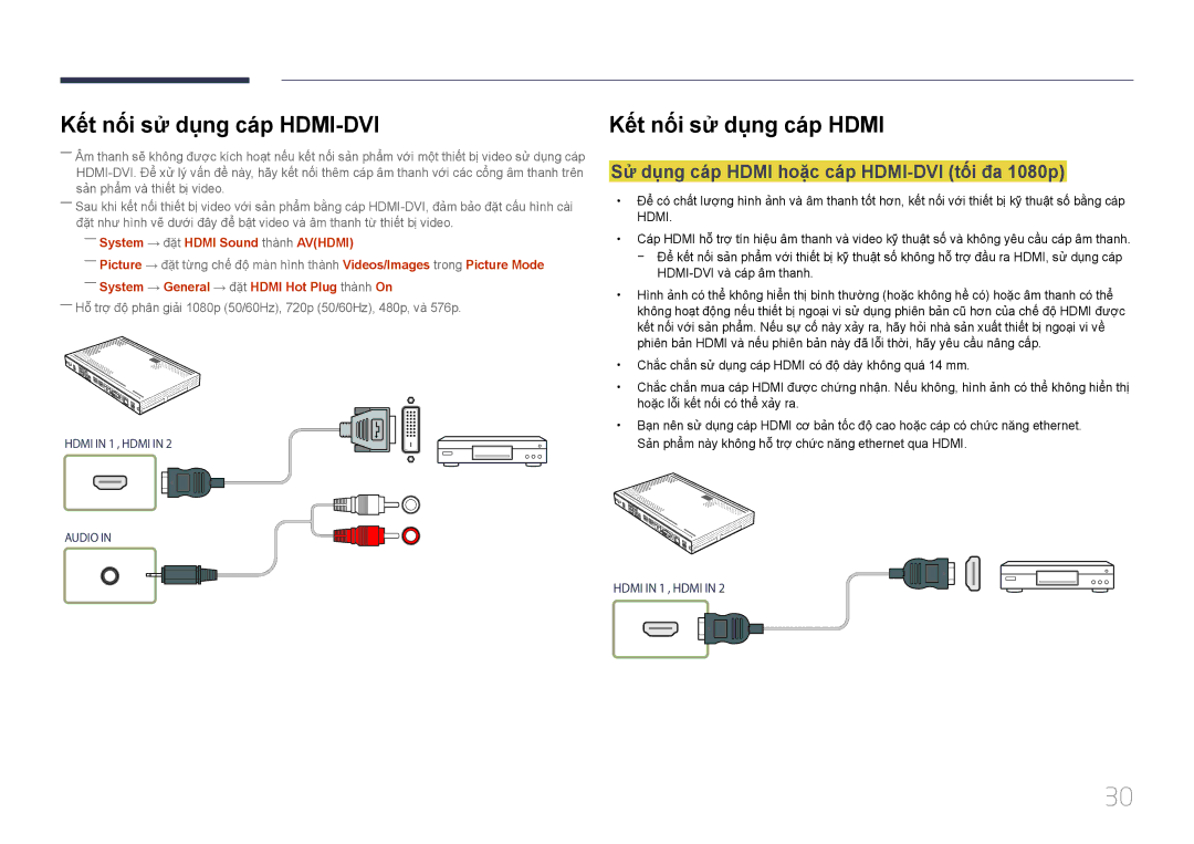 Samsung SBB-SS08EL1/XY manual Kết nối sử dụng cá́p Hdmi, Sư dung cáp Hdmi hoặc cáp HDMI-DVI tôi đa 1080p 