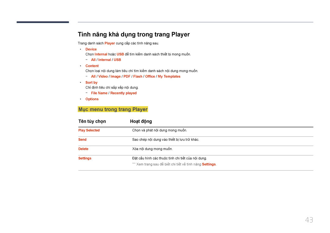 Samsung SBB-SS08EL1/XY Tính năng khả dung trong trang Player, Muc menu trong trang Player, Tên tùy chọn Hoạt động 