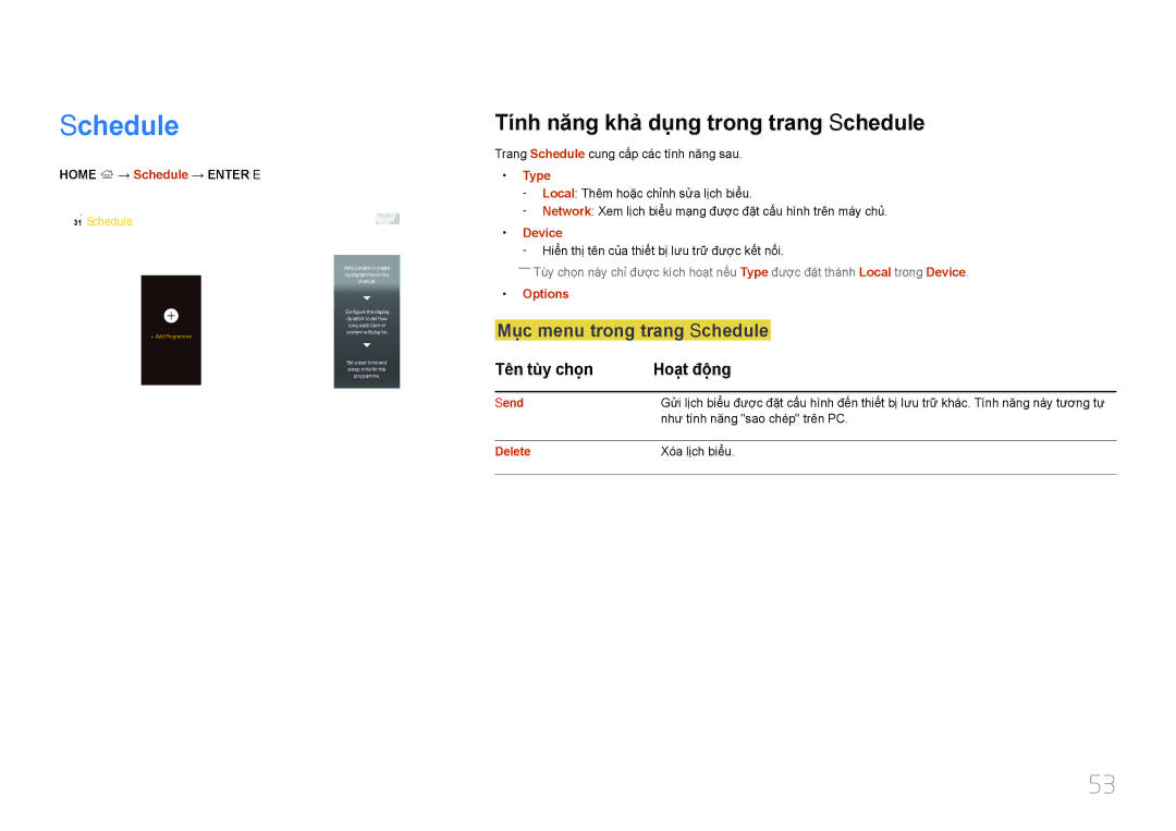 Samsung SBB-SS08EL1/XY manual Tính năng khả dung trong trang Schedule, Muc menu trong trang Schedule, Type 