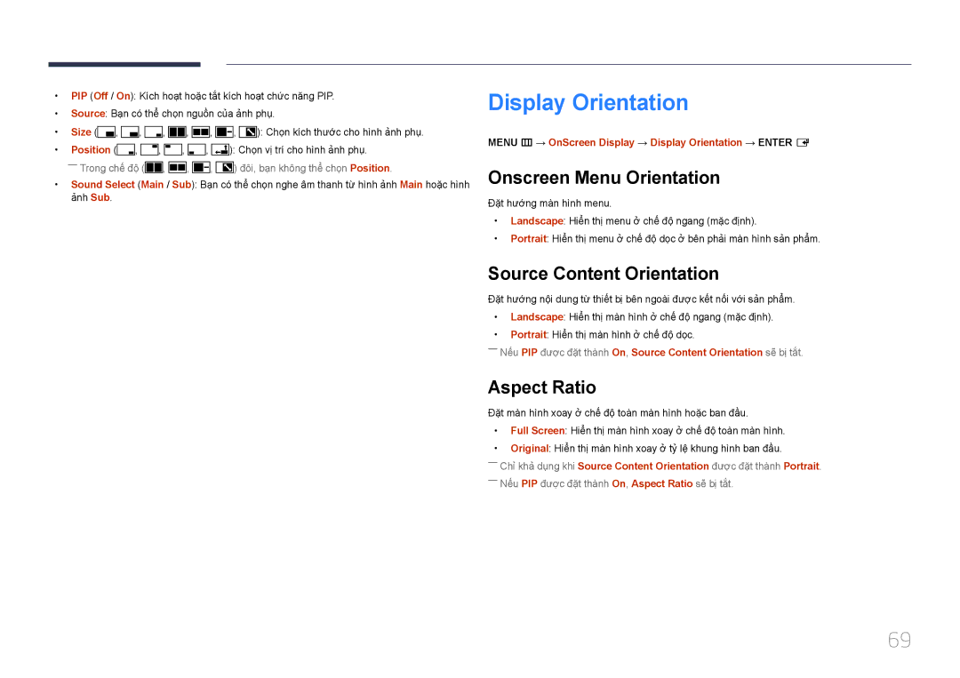 Samsung SBB-SS08EL1/XY manual Display Orientation, Onscreen Menu Orientation, Source Content Orientation, Aspect Ratio 