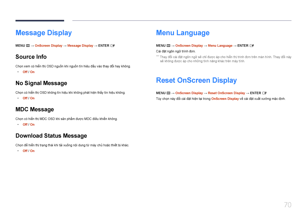 Samsung SBB-SS08EL1/XY manual Message Display, Menu Language, Reset OnScreen Display 