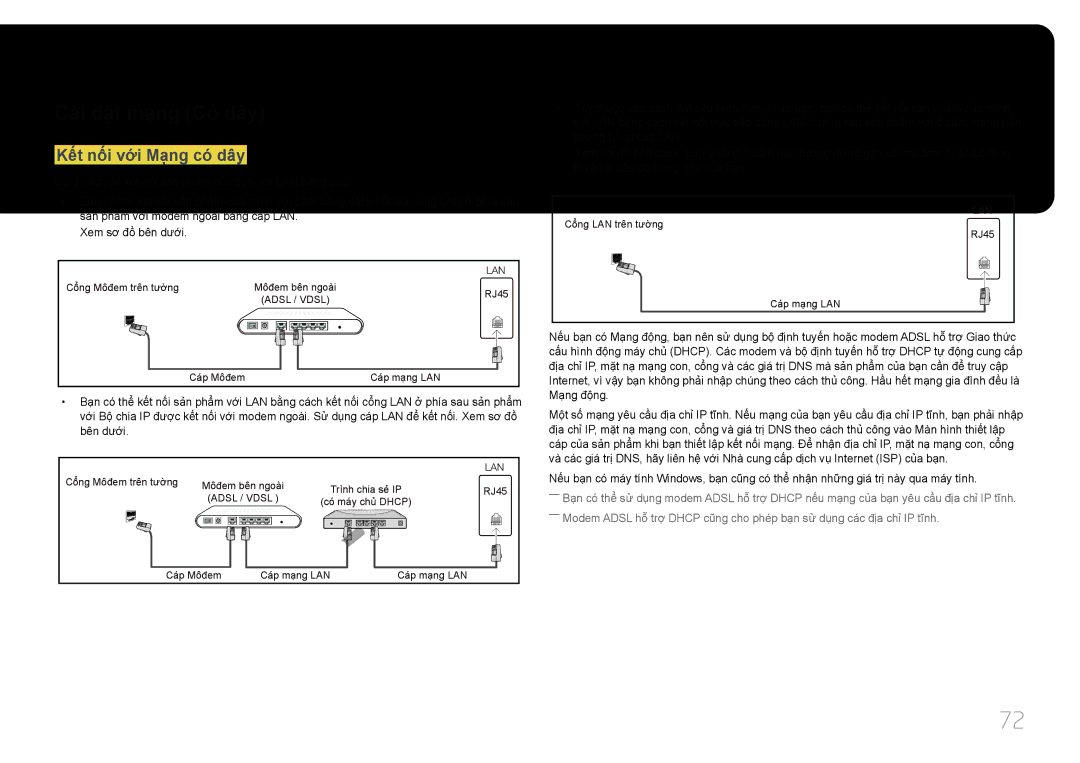 Samsung SBB-SS08EL1/XY manual Cà̀i đặ̣t mạ̣ng Có dây, Kêt nôi vơi Mạng co dây 