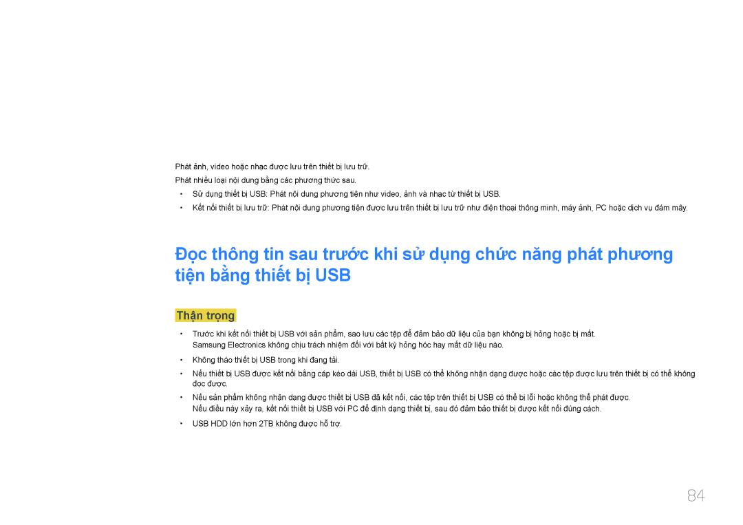 Samsung SBB-SS08EL1/XY manual Phát ảnh, video và nhạc Phát phương tiện, Thận trọng 