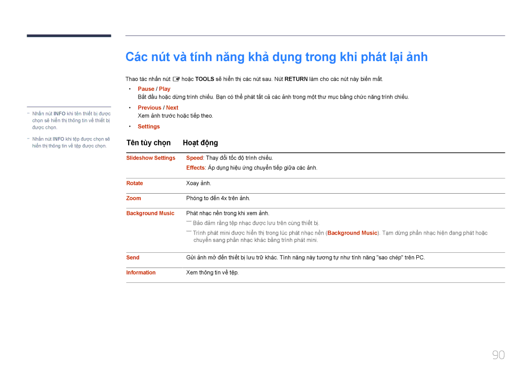 Samsung SBB-SS08EL1/XY Pause / Play, Previous / Next, Slideshow Settings, Rotate, Zoom, Background Music, Information 