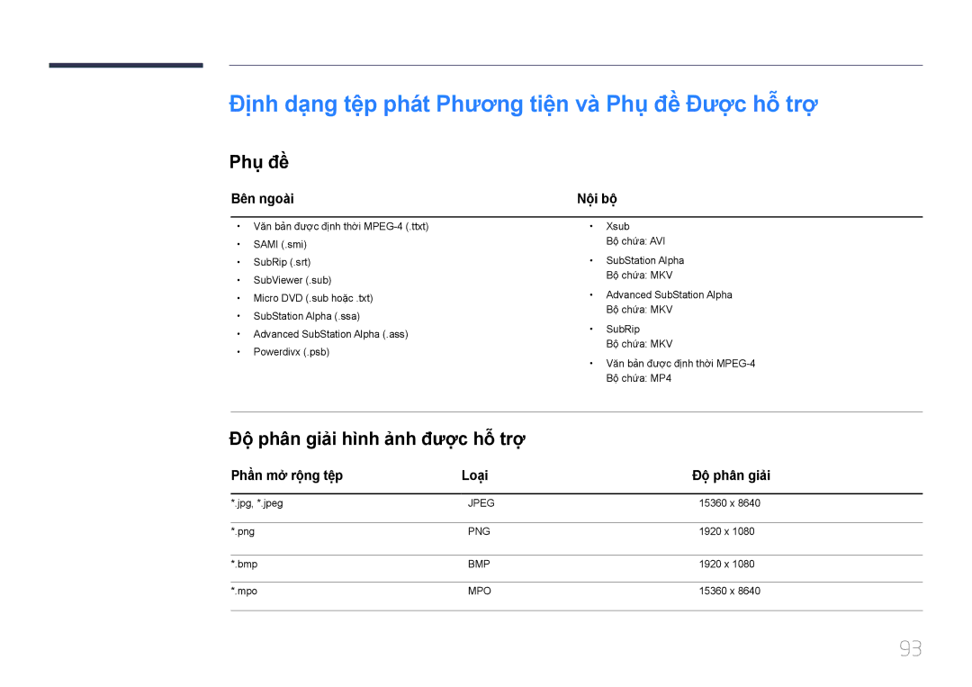 Samsung SBB-SS08EL1/XY manual Phụ đề̀, Độ phân giải hình ảnh được hỗ trợ, Bên ngoài, Nộ̣i bộ̣ 