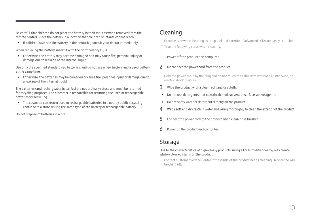 Samsung SBB-SS08FL1/NG manual Cleaning, Storage, Do not dispose of batteries in a fire, Power off the product and computer 