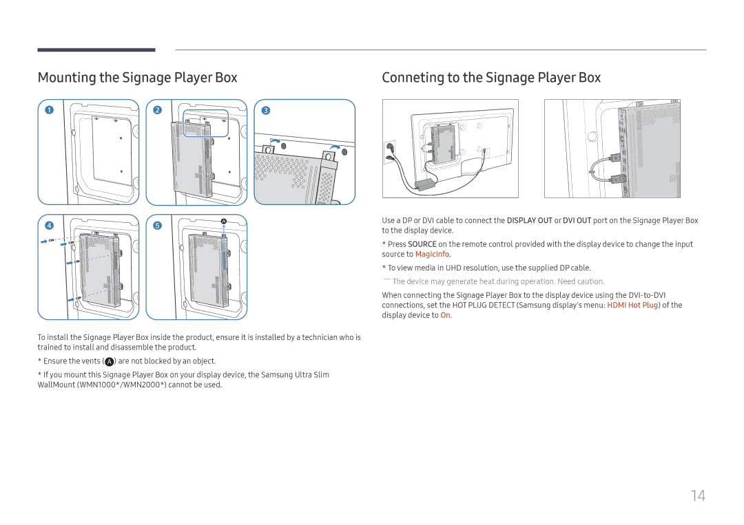 Samsung SBB-SS08FL1/XY, SBB-SS08FL1/EN, SBB-SS08FL1/NG Mounting the Signage Player Box, Conneting to the Signage Player Box 