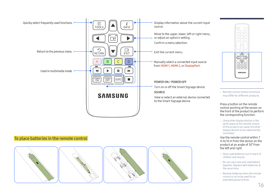 Samsung SBB-SS08FL1/NG, SBB-SS08FL1/EN To place batteries in the remote control, Turn on or off the Smart Signage device 