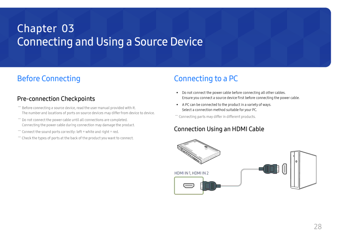 Samsung SBB-SS08FL1/NG, SBB-SS08FL1/EN manual Connecting and Using a Source Device, Before Connecting, Connecting to a PC 