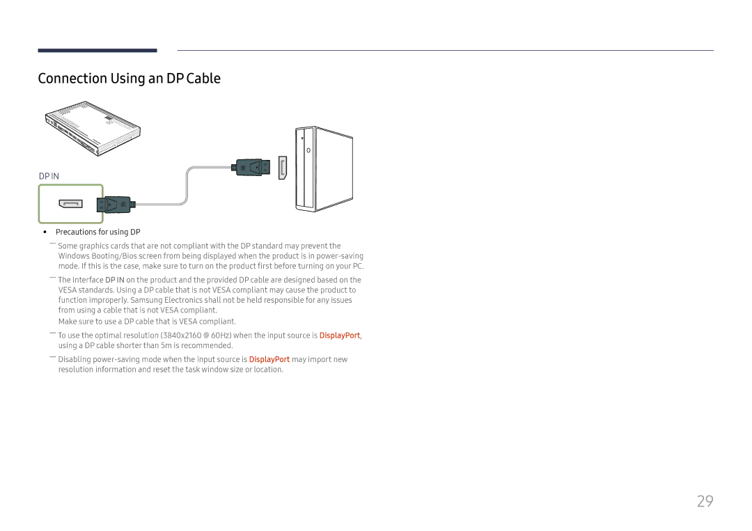 Samsung SBB-SS08FL1/XY, SBB-SS08FL1/EN, SBB-SS08FL1/NG manual Connection Using an DP Cable, Precautions for using DP 