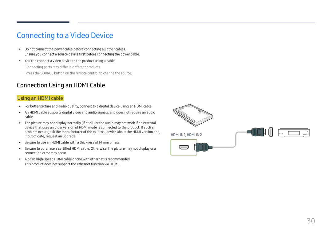 Samsung SBB-SS08FL1/EN manual Connecting to a Video Device, Using an Hdmi cable, If out of date, request an upgrade 