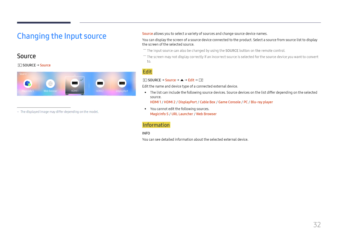 Samsung SBB-SS08FL1/XY, SBB-SS08FL1/EN manual Changing the Input source, Information, SSOURCE → Source → u→ Edit → E 