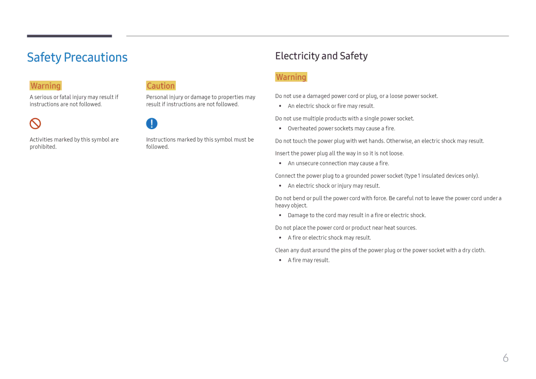 Samsung SBB-SS08FL1/EN, SBB-SS08FL1/NG, SBB-SS08FL1/XY manual Safety Precautions, Electricity and Safety 