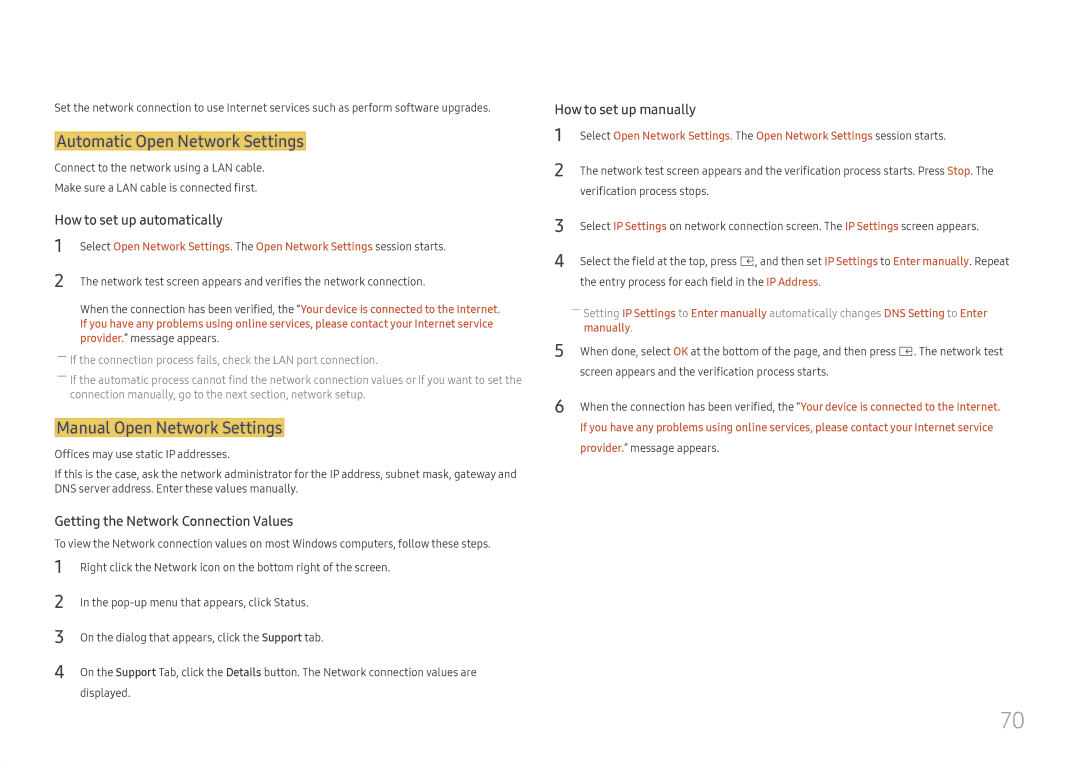 Samsung SBB-SS08FL1/NG, SBB-SS08FL1/EN manual Automatic Open Network Settings, Manual Open Network Settings, Manually 