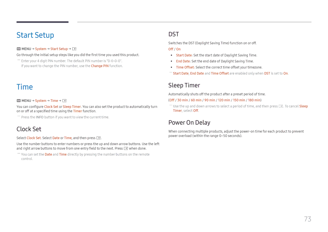 Samsung SBB-SS08FL1/NG, SBB-SS08FL1/EN, SBB-SS08FL1/XY manual Start Setup, Clock Set, Sleep Timer, Power On Delay 