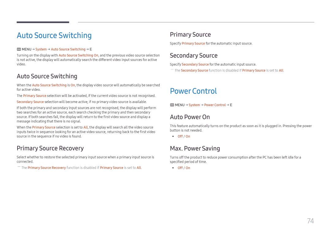 Samsung SBB-SS08FL1/XY, SBB-SS08FL1/EN, SBB-SS08FL1/NG manual Auto Source Switching, Power Control 