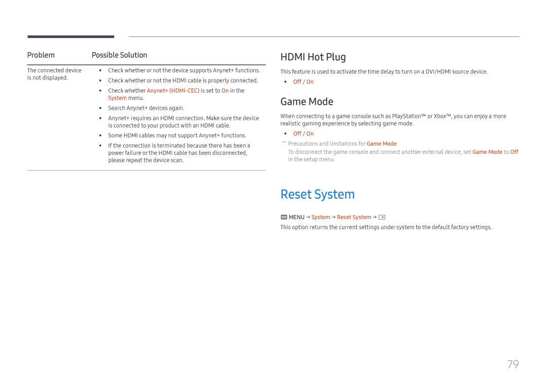 Samsung SBB-SS08FL1/NG, SBB-SS08FL1/EN manual Hdmi Hot Plug, Game Mode, Problem, Menu → System → Reset System → E 