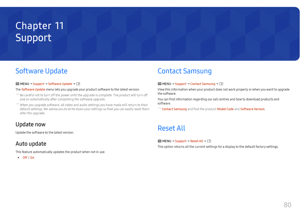 Samsung SBB-SS08FL1/XY, SBB-SS08FL1/EN, SBB-SS08FL1/NG manual Support, Software Update, Contact Samsung, Reset All 