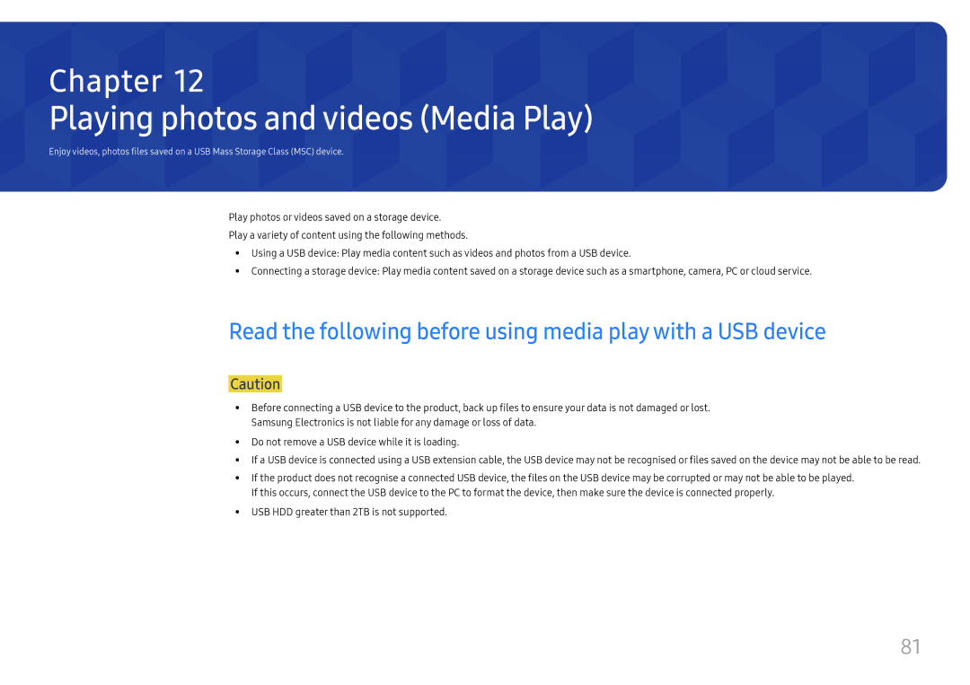 Samsung SBB-SS08FL1/EN Playing photos and videos Media Play, Read the following before using media play with a USB device 
