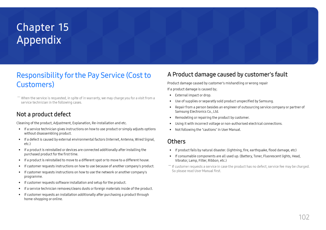 Samsung SBB-SS08FL1/EN manual Appendix, Responsibility for the Pay Service Cost to Customers, Not a product defect, Others 