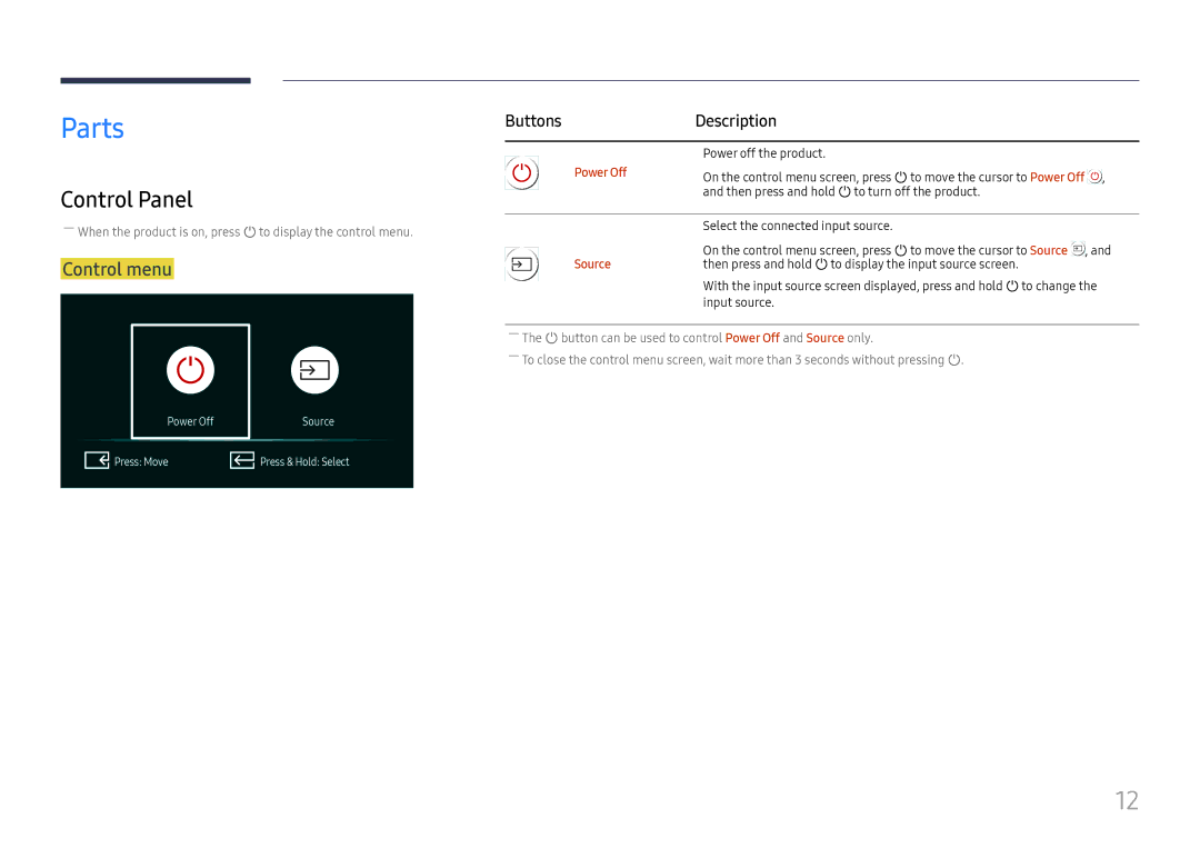 Samsung SBB-SS08FL1/EN, SBB-SS08FL1/NG, SBB-SS08FL1/XY manual Parts, Control Panel, Control menu, Buttons Description 