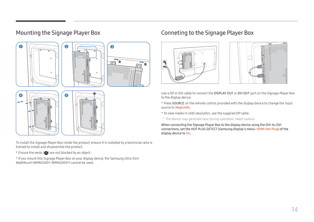 Samsung SBB-SS08FL1/XY, SBB-SS08FL1/EN, SBB-SS08FL1/NG Mounting the Signage Player Box, Conneting to the Signage Player Box 